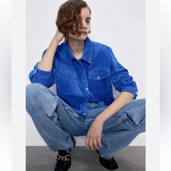 Zara Cobalt Blue Oversized Corduroy Jacket Shacket - Picture 16 of 16